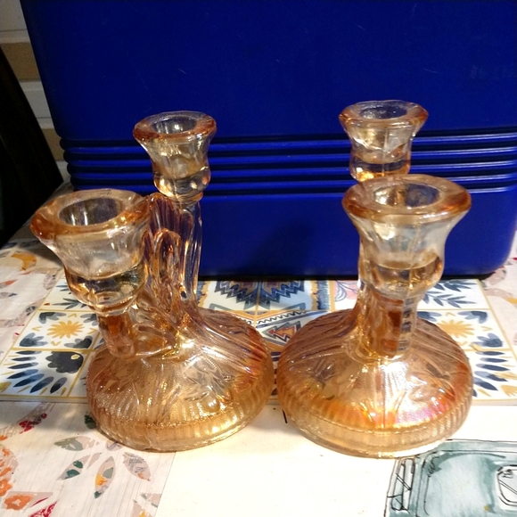 Vtg Depression Carnival Glass Iris Flowers Orange Marigold Candle Holders - Picture 8 of 11